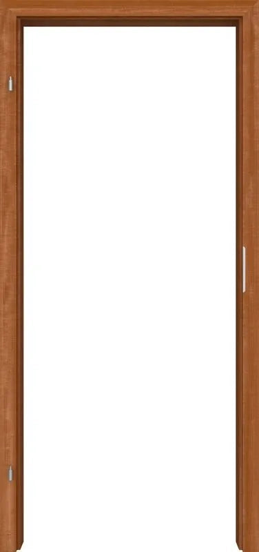 A tall, narrow brown wooden door frame or panel shown against a plain white background, with small silver hinge and handle details visible.