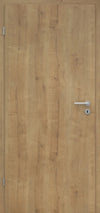 Wooden door with a metallic handle on a wooden background