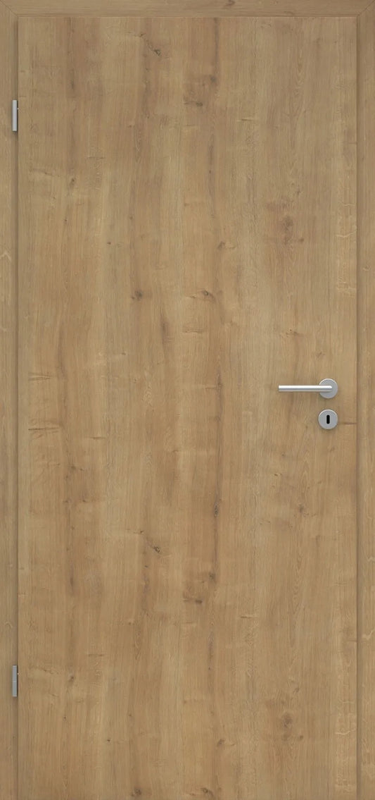 Wooden door with a metallic handle on a wooden background