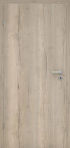 Wooden door with a metallic handle on a light wood background
