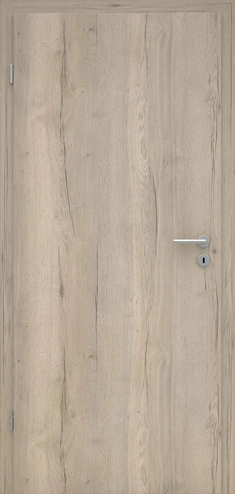Wooden door with a metallic handle on a light wood background