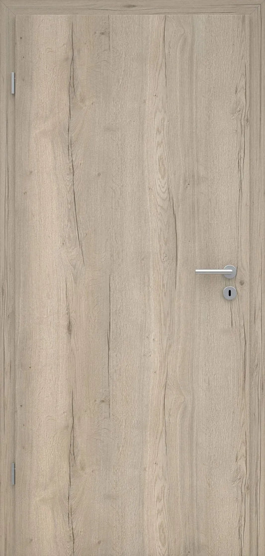 Wooden door with a metallic handle on a light wood background