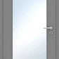 Gray door with a glass panel and silver handle