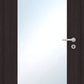 A modern dark brown wood interior door with a large rectangular frosted glass panel and a silver metal handle.