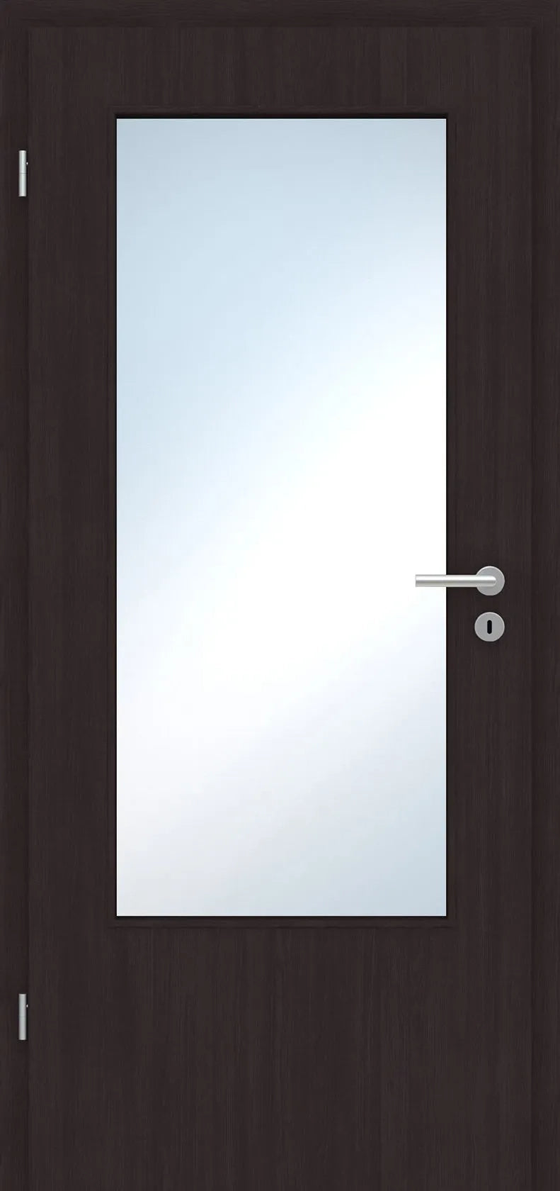 A modern dark brown wood interior door with a large rectangular frosted glass panel and a silver metal handle.