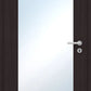 A modern interior door with a dark brown wood grain finish and a large frosted glass panel, featuring a silver metal handle and lockset.