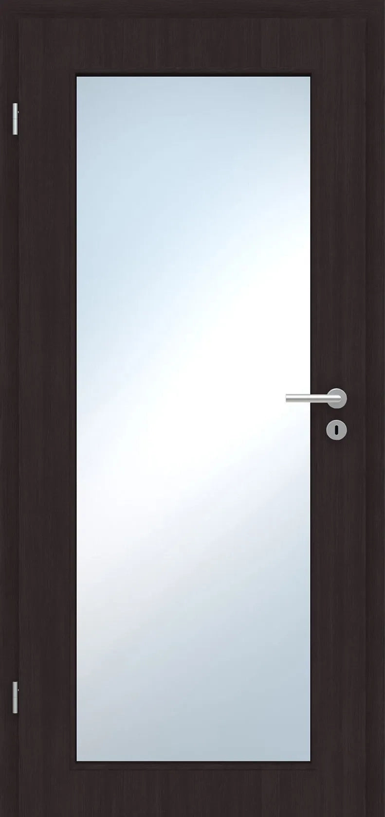 A modern interior door with a dark brown wood grain finish and a large frosted glass panel, featuring a silver metal handle and lockset.