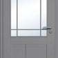 Gray door with glass panel and handle