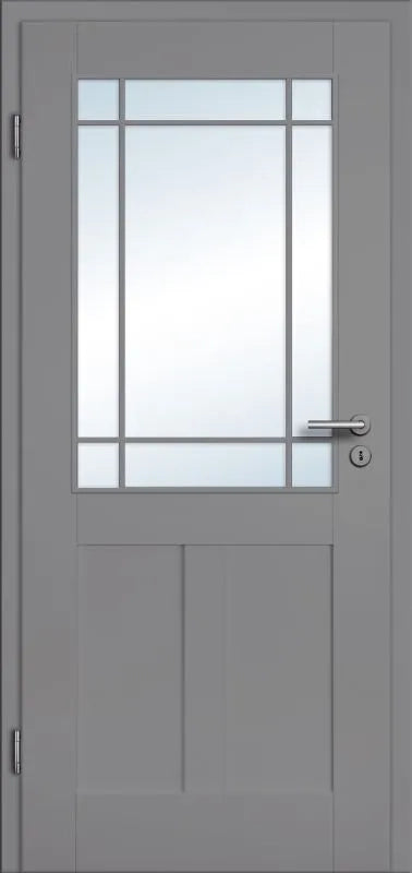 Gray door with glass panel and handle