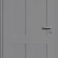 Gray door with a silver handle on a gray background