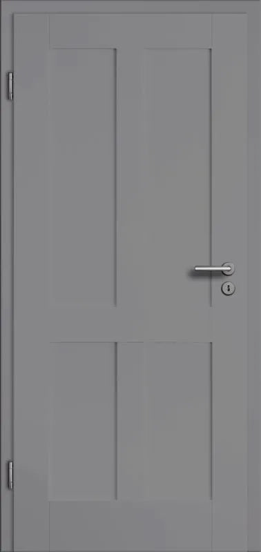 Gray door with a silver handle on a gray background