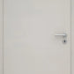 Plain white door with a silver handle on a white background