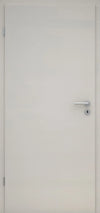 Plain white door with a silver handle on a white background