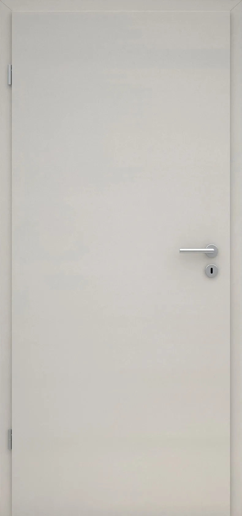 Plain white door with a silver handle on a white background