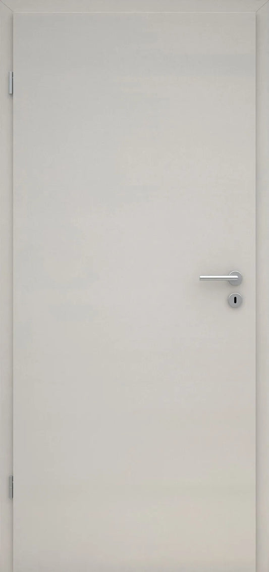 Plain white door with a silver handle on a white background