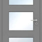 A modern gray interior door with three rectangular frosted glass panels and a silver metal handle on the right side.