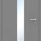 Gray door with a silver handle and glass panel on a gray background
