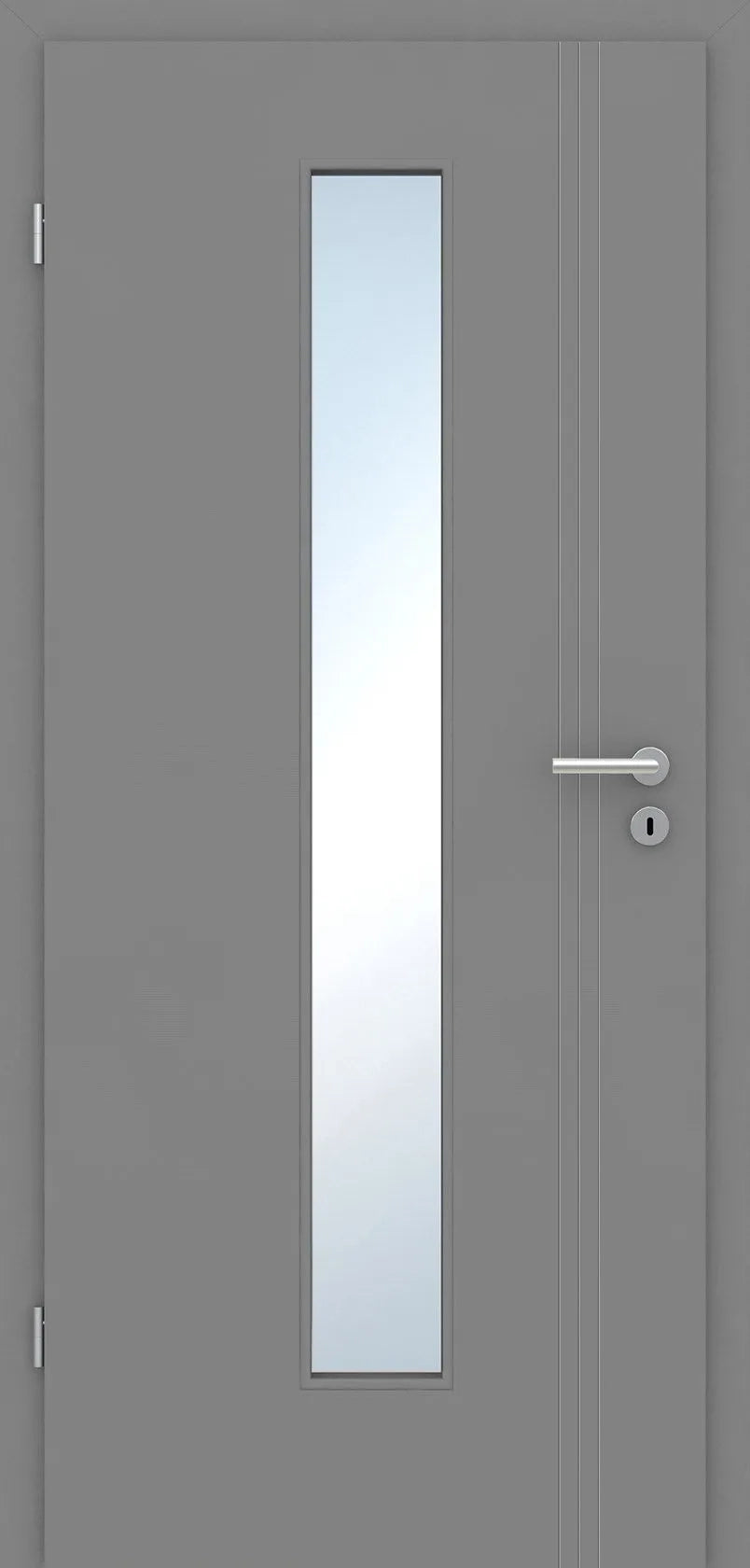 Gray door with a silver handle and glass panel on a gray background