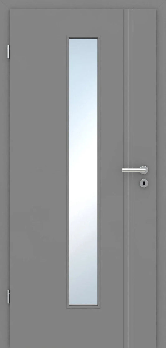 Gray door with a silver handle and glass panel on a gray background