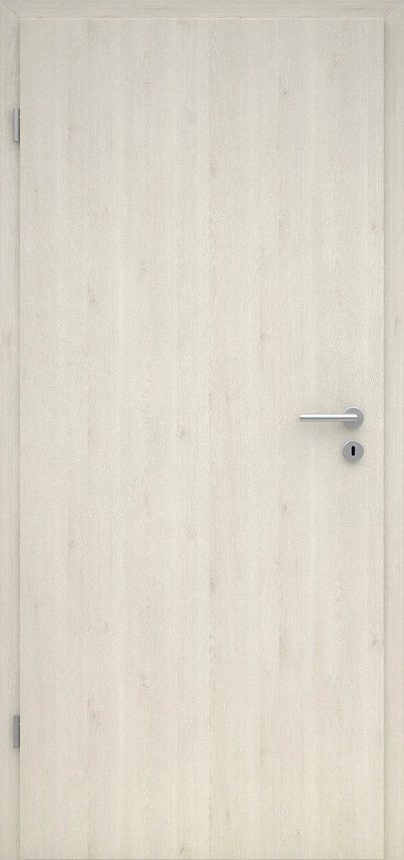 Light wooden door with a silver handle on a white background
