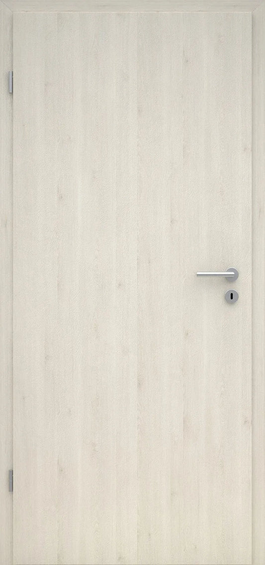 Light wooden door with a silver handle on a white background