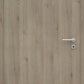 Wooden door with a metallic handle and lock on a light wood background