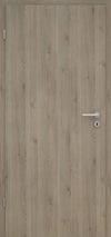 Wooden door with a metallic handle and lock on a light wood background