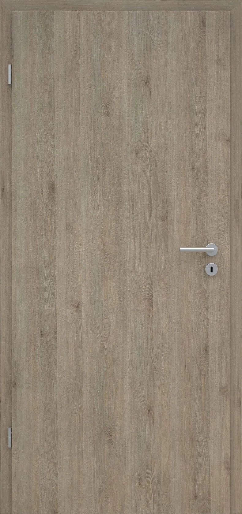 Wooden door with a metallic handle and lock on a light wood background
