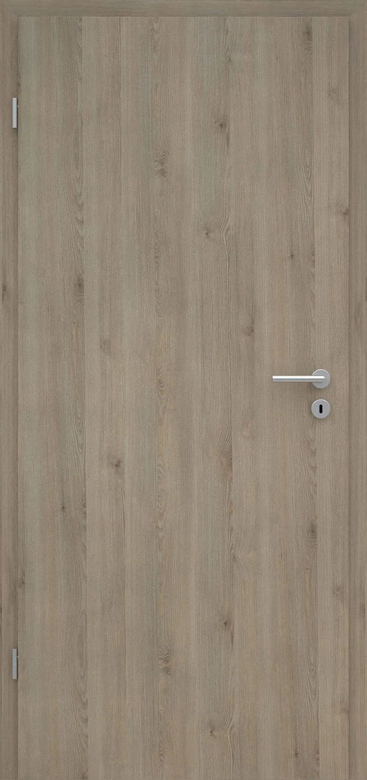 Wooden door with a metallic handle and lock on a light wood background
