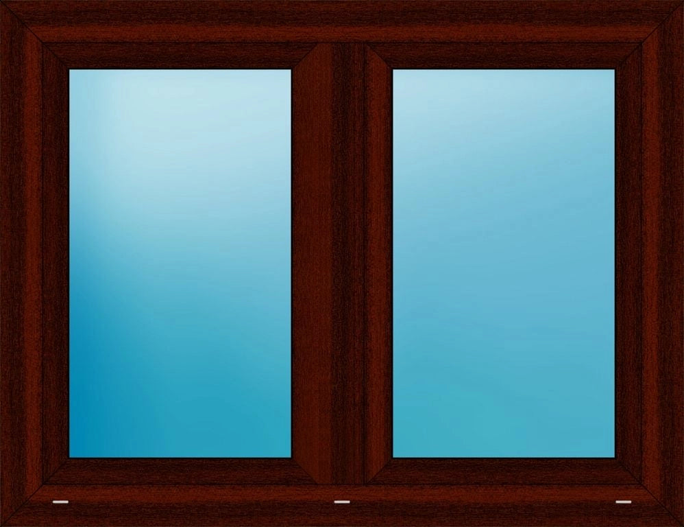 A double-paned window frame in dark reddish-brown wood with light blue-tinted glass panes.