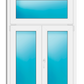 A white double-hung window with a top transom and two vertical lower panes, featuring blue-tinted glass and a central handle, shown on a plain white background.