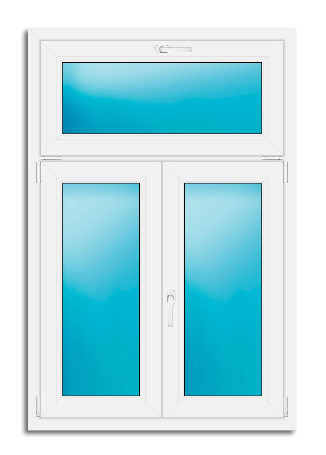 A white double-hung window with a top transom and two vertical lower panes, featuring blue-tinted glass and a central handle, shown on a plain white background.