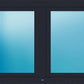 A modern double door window frame in a dark charcoal gray finish, featuring two tall, vertical frosted glass panels with a light blue gradient.