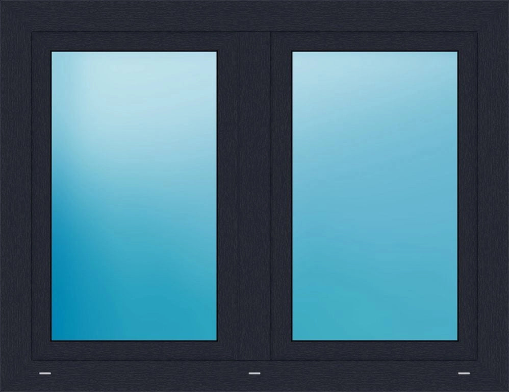 A modern double door window frame in a dark charcoal gray finish, featuring two tall, vertical frosted glass panels with a light blue gradient.