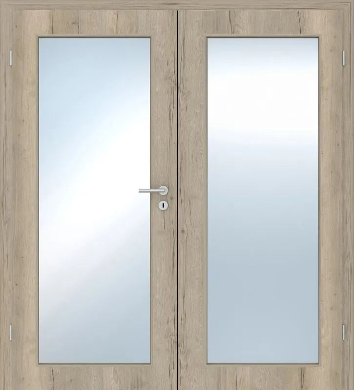 Wooden door with glass panels and a handle