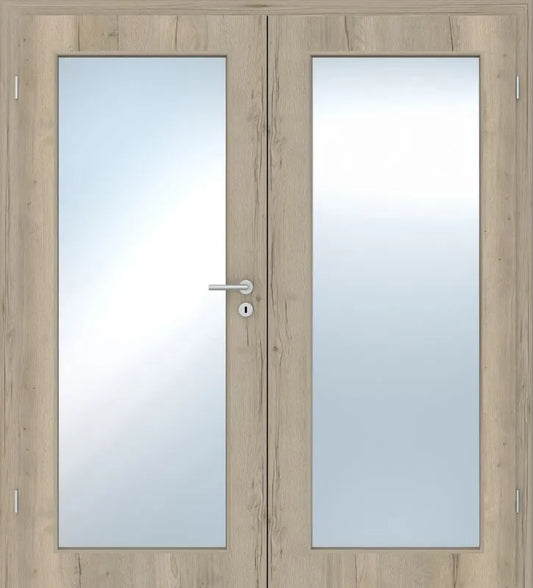 Wooden door with glass panels and a handle